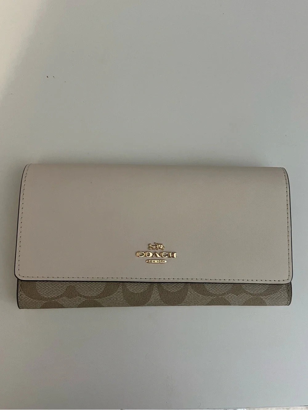 Coach Women's Leather Trifold Wallet in Tan & Cream Signature Canvas
